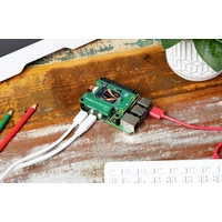 Auf einem Tisch liegt ein Raspberry Pi mit angeschlossenen Kabeln neben Bleistiften und einer Pflanze, umgeben von Computerausrüstung.